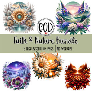 Five seasonal floral and mountain PNG graphics without text for sublimation and print projects.