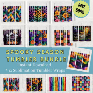 Spooky Season tumbler wrap bundle of 12 Seamless PNGs with chevrons, spirals, checkers, florals, ghosts, pumpkins, and moody night textures.
