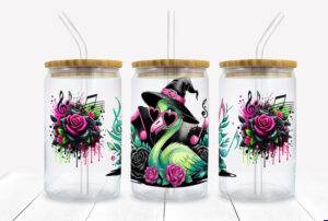 Halloween witch flamingo 16oz glass can wrap with neon roses and music notes