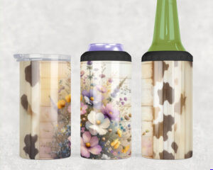 Cow print and wildflower sublimation wrap for 4-in-1 can coolers, featuring rustic farmhouse floral design