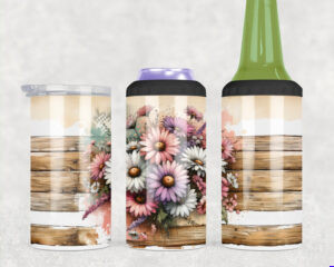Rustic woodgrain and daisy floral sublimation wrap for 4-in-1 can coolers, featuring farmhouse-inspired design