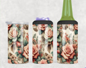 Cowhide and rose floral sublimation wrap for 4-in-1 can coolers, featuring rustic Western design with vintage flowers