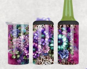 Neon floral and leopard print sublimation wrap for 4-in-1 can coolers, featuring bold purple, teal, and wildflower design