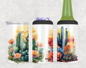 Desert cactus and sunset sublimation wrap for 4-in-1 can coolers, featuring blooming succulents and Southwest landscape