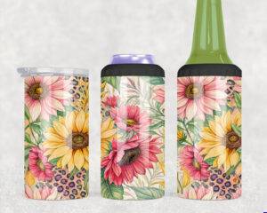 Sunflower and leopard print sublimation wrap for 4-in-1 can coolers, featuring bold pink and yellow floral design