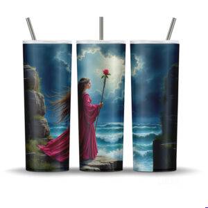 Medieval sorceress tumbler wrap design with enchanted ocean background for 20oz sublimation.
