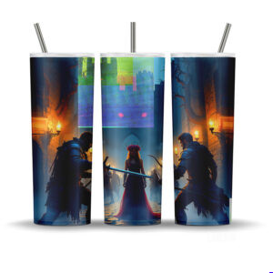 Dark fantasy tumbler wrap with sorceress and warriors in a medieval battle scene for 20oz sublimation.