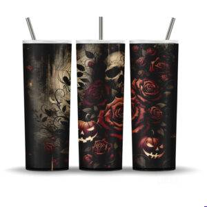 Gothic Halloween tumbler wrap with skulls, pumpkins, roses, and spiderwebs for 20oz sublimation.