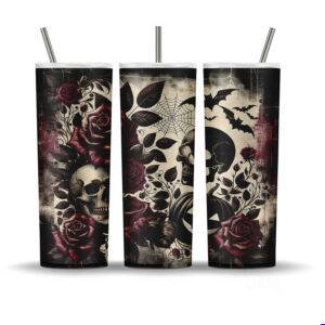 Gothic tumbler wrap with skulls, roses, bats, pumpkins, and spiderwebs for 20oz Halloween sublimation.