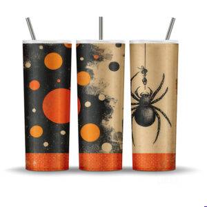 Retro spider Halloween tumbler wrap with vintage polka dots in orange, beige, and black. Sublimation PNG for 20oz tumblers.