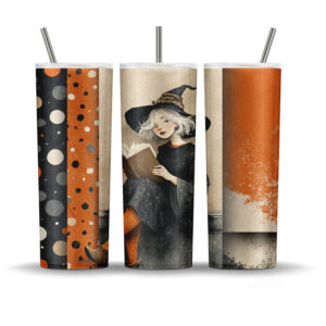 Retro witch lady tumbler wrap with distressed polka dots in orange, beige, and black. Vintage sublimation PNG for 20oz tumblers.