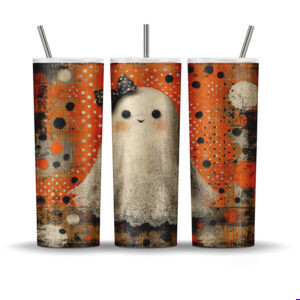 Retro distressed ghost tumbler wrap with polka dots for 20oz Halloween sublimation.