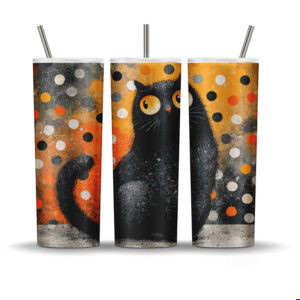 Retro distressed black cat tumbler wrap with vintage polka dots for 20oz Halloween sublimation.