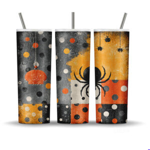 Retro spider Halloween tumbler wrap with vintage polka dots in orange, beige, and black. Sublimation PNG for 20oz tumblers.