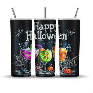 Chalkboard Halloween tumbler wrap with spooky cocktails, spiderwebs, pumpkins, and chalk lettering for 20oz sublimation.