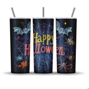 Chalkboard Halloween tumbler wrap with hand-drawn bats, spiders, webs, and “Happy Halloween” text for 20oz sublimation.