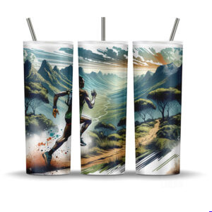 Trail running sublimation tumbler wrap featuring a runner on a mountain path with scenic peaks and dramatic sky, 20oz PNG design.