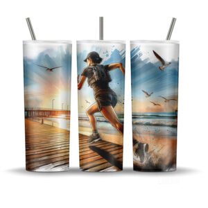 Beach running sublimation tumbler wrap featuring a female runner on a boardwalk with ocean waves, seagulls, and sunrise, 20oz PNG design.
