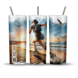 RUN beach running sublimation tumbler wrap with motivational text, ocean sunrise, boardwalk runner, and seagulls, seamless 20oz PNG design.