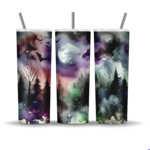 Watercolor haunted forest tumbler wrap with bats, moon, and spooky trees for 20oz Halloween sublimation.