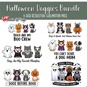 Cute Halloween dog PNGs dressed as ghosts, pumpkins, vampires, and skeletons with funny sayings for sublimation.