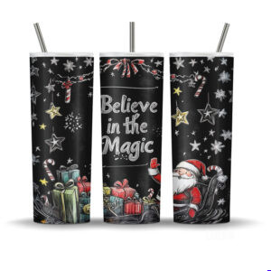 Christmas chalkboard tumbler wrap with Santa sleigh, gifts, and stars featuring the text “Believe in the Magic.”