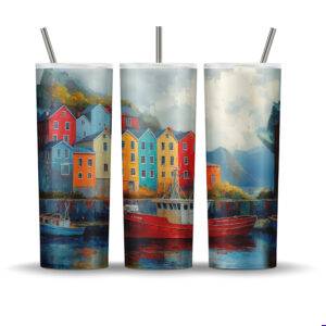 Colorful Jellybean Row houses tumbler wrap with boats and Newfoundland harbor scene, sublimation design for 20oz tumblers