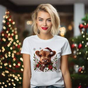 A faux embroidered Highland cow wearing a plaid scarf and Santa hat, surrounded by poinsettias and greenery, on a white background.