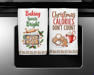 Two Christmas-themed sublimation PNG designs featuring “Baking Spirits Bright” and “Christmas Calories Don’t Count” with matching gingerbread cookie border