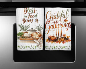 Fall kitchen towel sublimation PNG set featuring rustic breadboard and pumpkin candle scenes with matching herbs border.