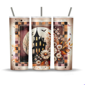 Rustic Halloween haunted house and floral daisy tumbler wrap design for 20oz sublimation.