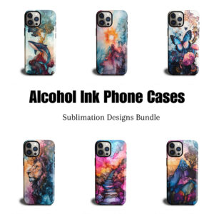 Alcohol ink abstract sublimation phone case designs featuring vivid nature and fantasy art.