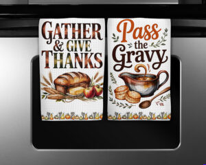 Two fall kitchen towel sublimation PNGs featuring bread, butter, apples, gravy boat, biscuits, and a coordinating onion border.