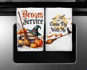 Halloween kitchen towel sublimation designs featuring Broom Service and Come Fly With Me watercolor illustrations with pumpkins, broom, moon, and black cat.
