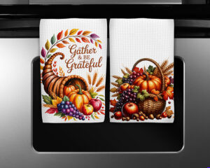Thanksgiving kitchen towel sublimation designs featuring Gather & Be Grateful cornucopia and Harvest Basket watercolor illustrations.