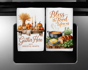 Thanksgiving kitchen towel sublimation designs featuring Gather Here with Grateful Hearts and Bless the Food Before Us watercolor illustrations.