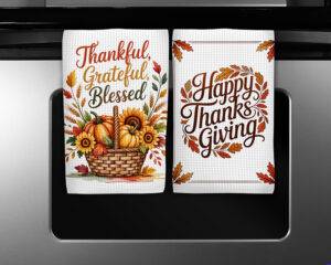 Thanksgiving kitchen towel sublimation designs featuring Thankful Grateful Blessed basket and Happy Thanksgiving wreath illustrations.