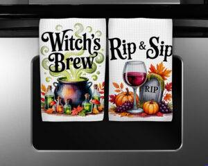 Halloween kitchen towel sublimation designs featuring Witch’s Brew and RIP & Sip watercolor illustrations with cauldron, wine glass, pumpkins, and potion bottles.