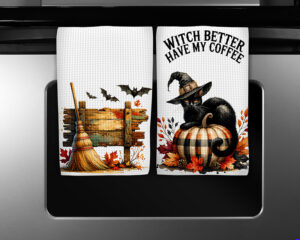 Halloween kitchen towel sublimation designs featuring Witch Better Have My Coffee and Rustic Broom Scene watercolor illustrations with black cat, broom, pumpkins, and fall leaves.