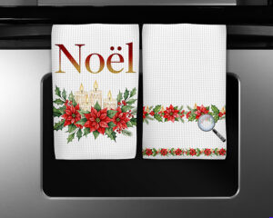 Christmas sublimation PNG design featuring “Noël” with candles, poinsettias, and matching festive border