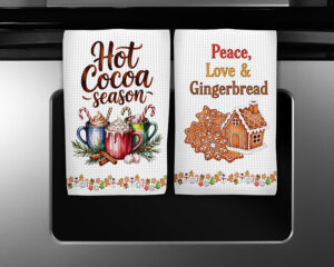 Two Christmas sublimation PNG designs featuring “Hot Cocoa Season” and “Peace Love Gingerbread” with matching gingerbread cookie border