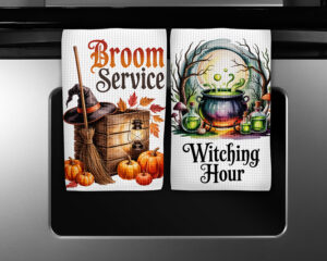 Halloween kitchen towel sublimation designs featuring Broom Service and Witching Hour watercolor illustrations with pumpkins, cauldron, and witchy details.