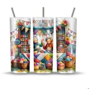 Booth Besties Forever tumbler wrap with two craft fair friends, colorful quilts, yarn, and handmade market decor.