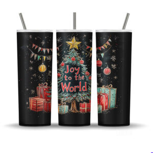 Christmas chalkboard tumbler wrap with a hand-drawn Christmas tree, gifts, and “Joy to the World” text.