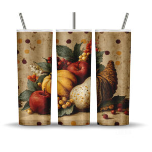 Rustic cornucopia polka dot 20oz tumbler wrap with pumpkins, apples, and pears in warm vintage tones