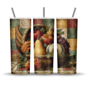 Rustic cornucopia harvest 20oz tumbler wrap design featuring pears, pumpkins, and grapes with a vintage quilted background