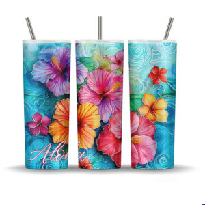 Vibrant Aloha hibiscus tropical tumbler wrap with bright pink, red, and yellow watercolor flowers on a turquoise ocean swirl background