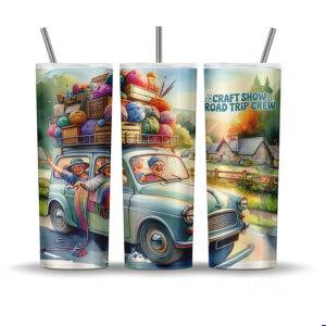 Craft Show Road Trip Crew tumbler wrap with cheerful crafters driving a vintage car loaded with yarn and craft supplies.
