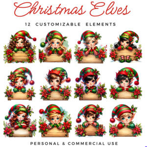 Set of 12 cute Christmas elves in red and green outfits with wooden signs, perfect for customizable sublimation and holiday crafts.
