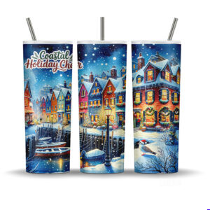 Coastal Christmas village tumbler wrap with snowy harbour and festive houses